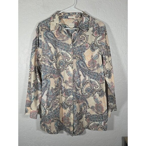 Chicos Womens 2 (Large) Multi Color Paisley No-Iron Button Down Tunic Shirt - Picture 1 of 5